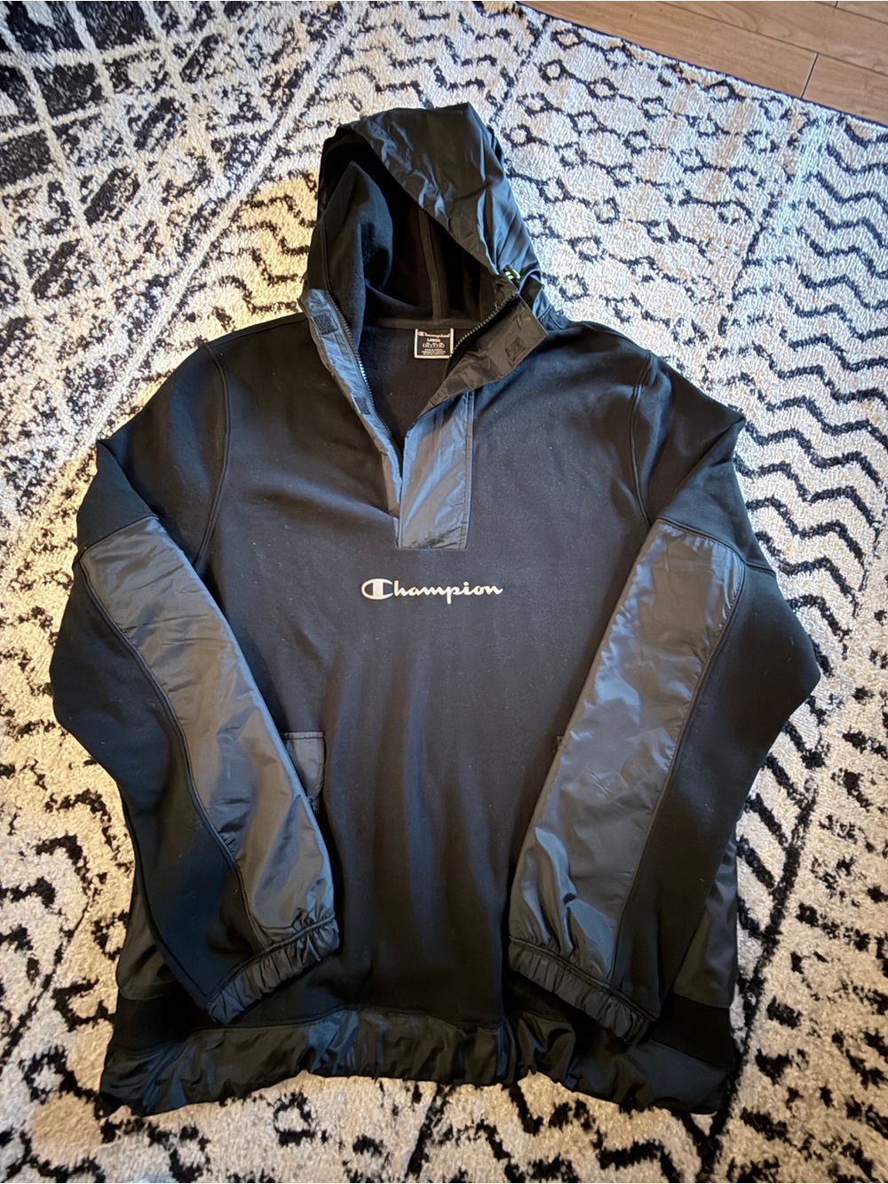 Champion Black Hoodie with White Logo Tag